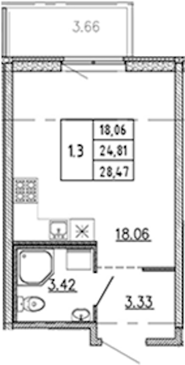 Квартира студия 24.81 м², 6/22 эт., ЖК «Новые горизонты 2»